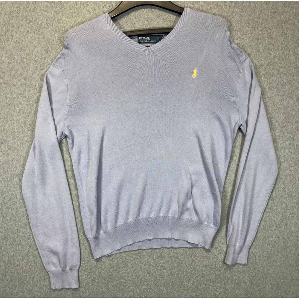 Polo Ralph Lauren Mens V-Neck Sweater Light Blue Pima Cotton Yellow Pony Size M